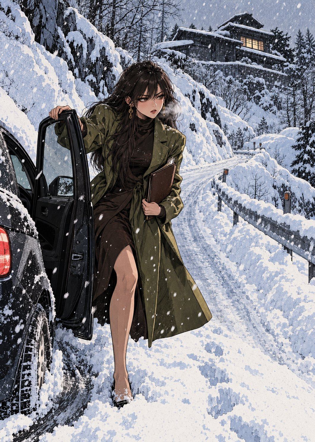 A woman in a green coat steps out of a car into deep snow on a mountain road, holding a folder.