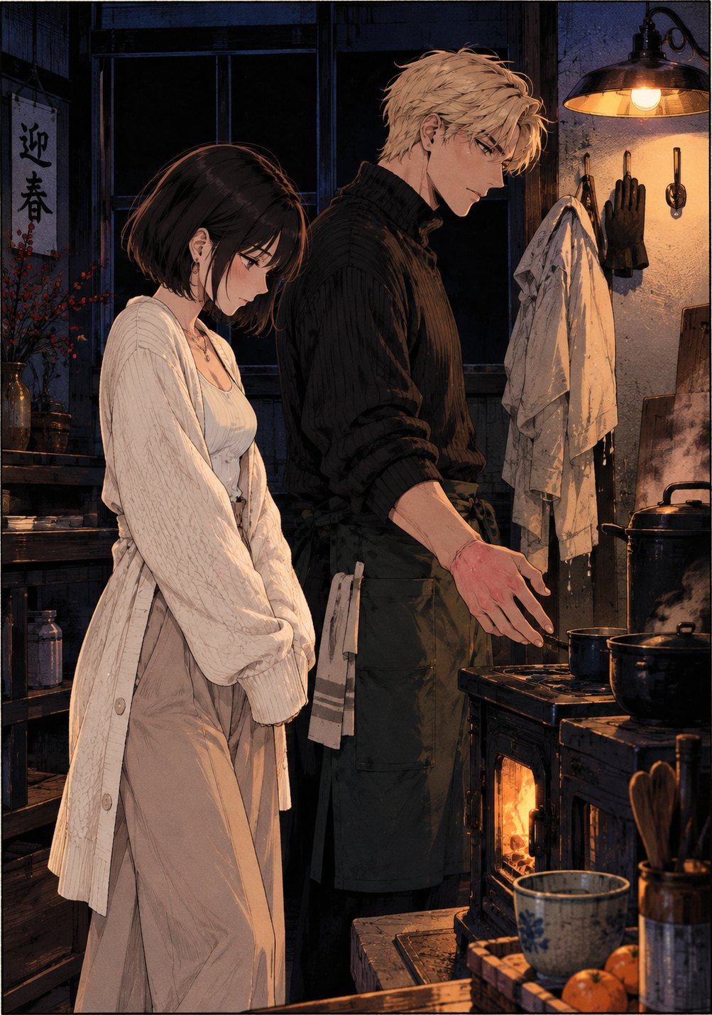 Two people at a stove in a dim workshop kitchen