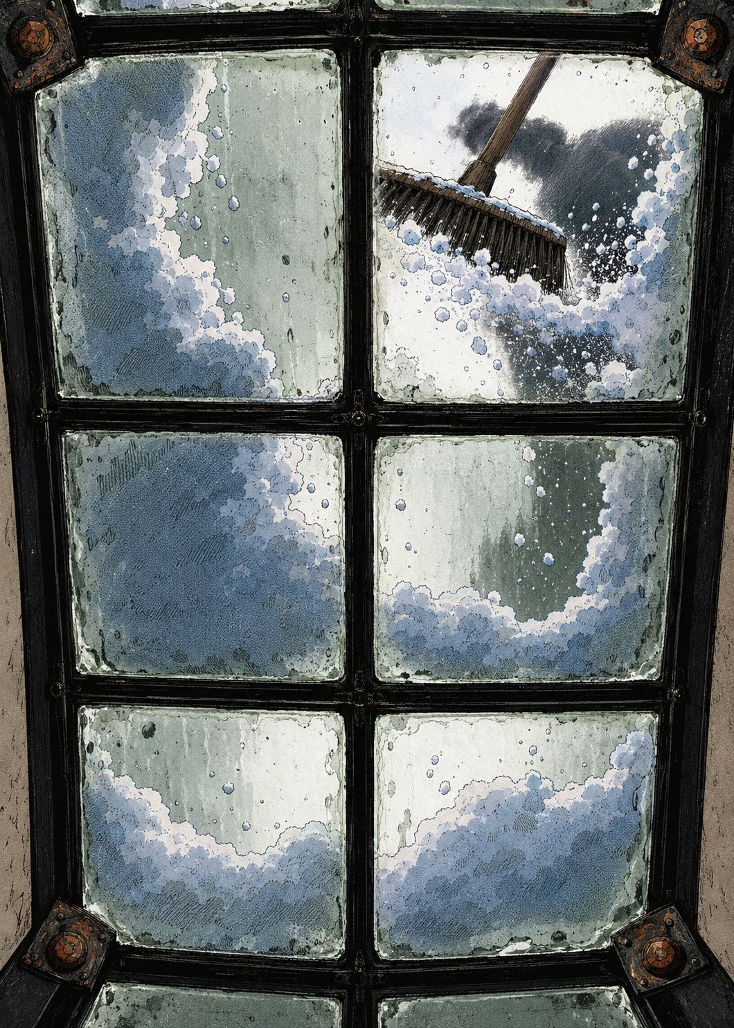 Snow pressed against a small window, a broom sweeping outside