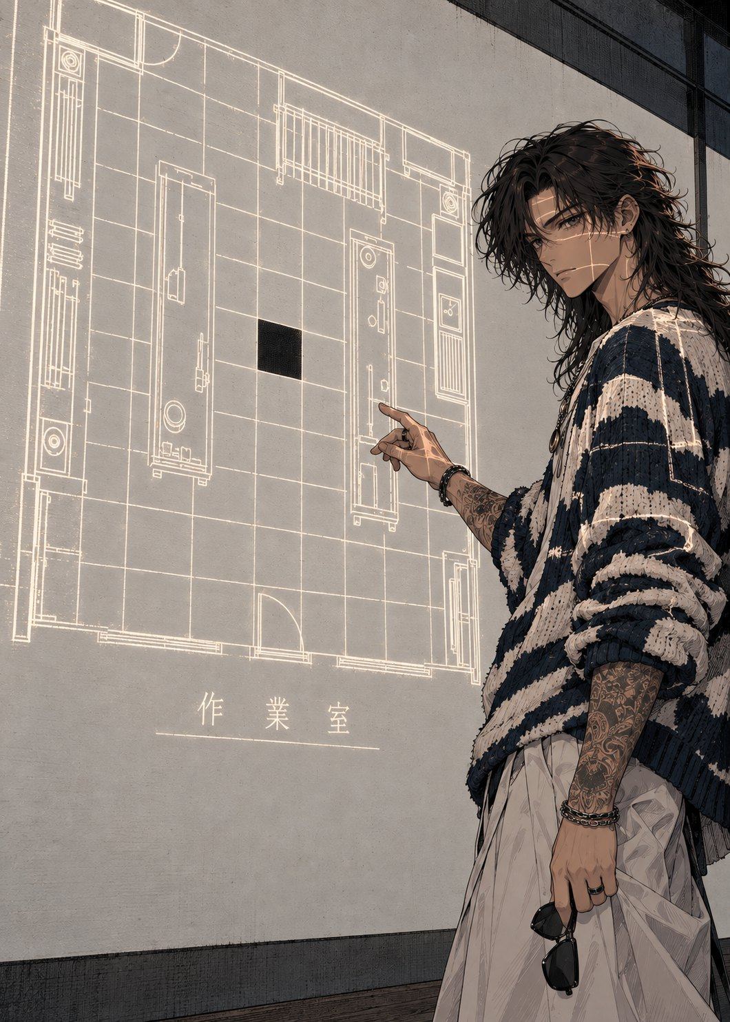 A man points at a floor plan projected on a white wall